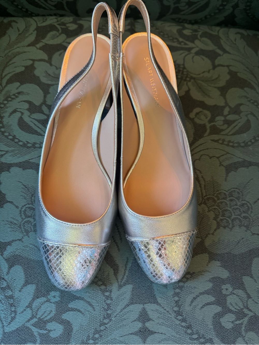 NWT Stuart Weitzman Milla Silver Slingback Leather Mules